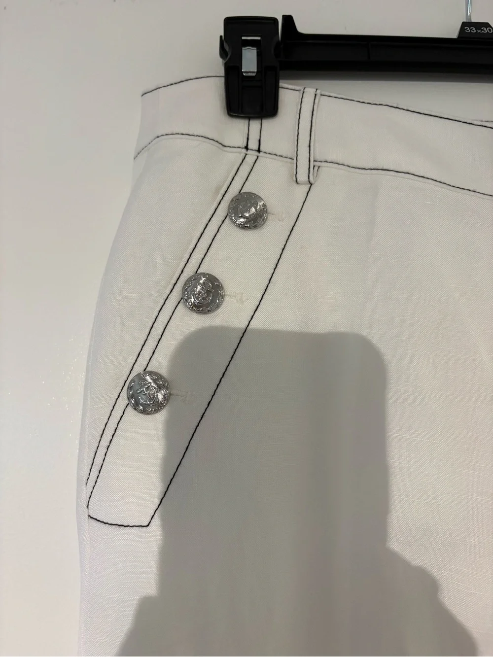 Karl Lagerfeld White Linen Blend Wide-Leg Pants with Decorative Buttons